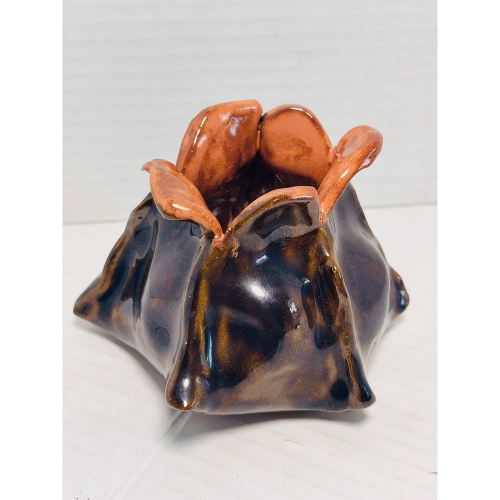 Vintage Evangeline Style Reactive Glaze Flower Petal Pottery Vase Brown Orange